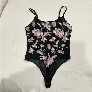 Express Black Mesh Bodysuit with Pink Floral Embroidery